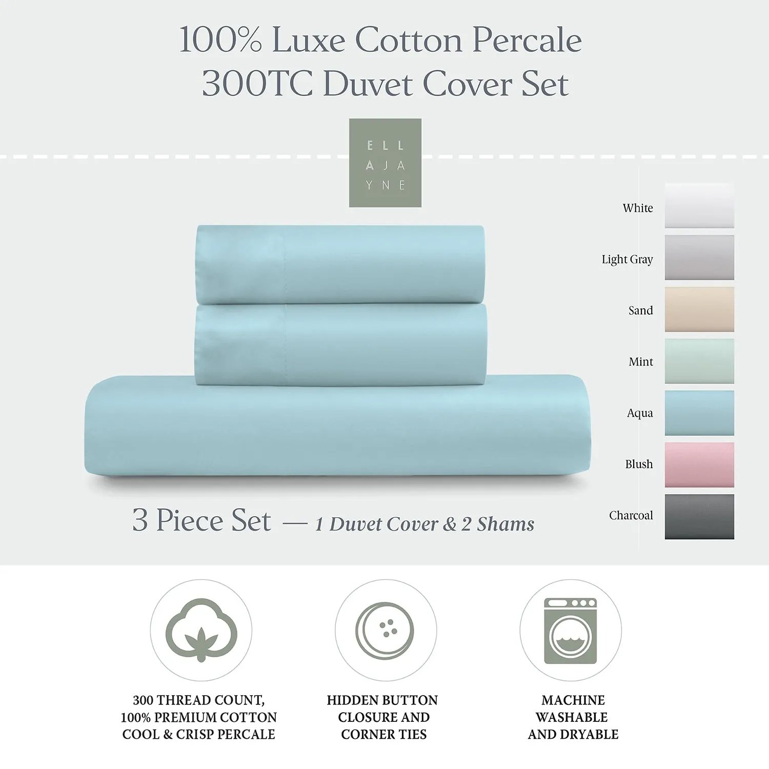 Premium 100% Cotton Duvet Cover Set, 3pc - Breathable, Crisp, and Cool