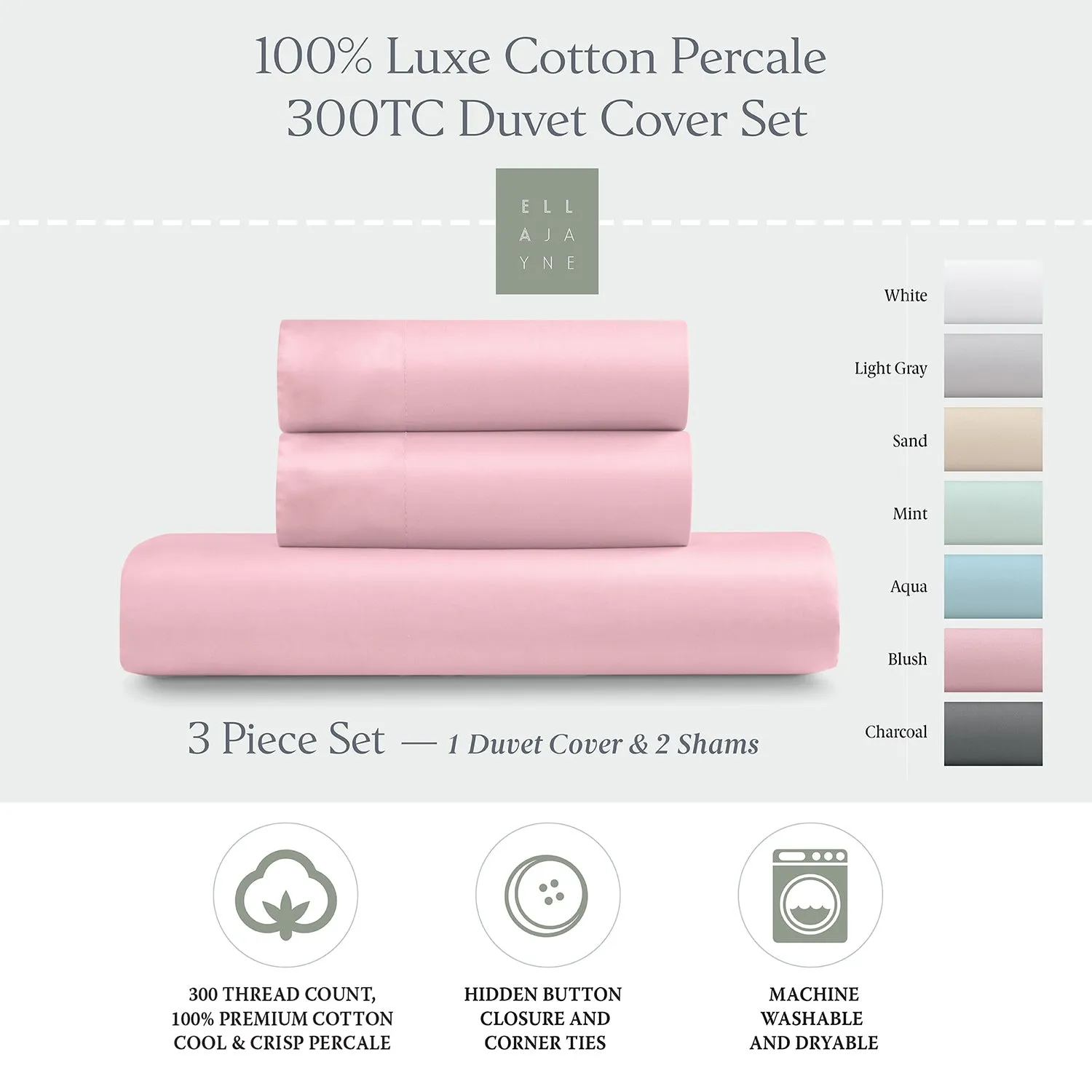 Premium 100% Cotton Duvet Cover Set, 3pc - Breathable, Crisp, and Cool