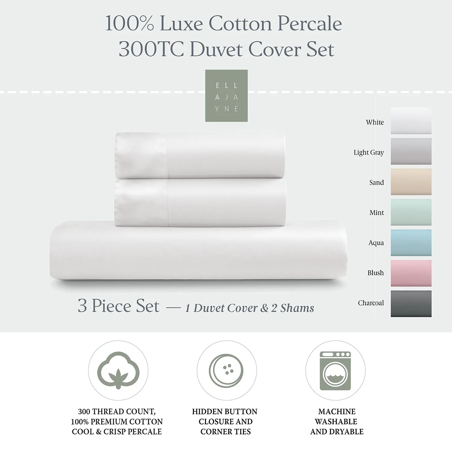 Premium 100% Cotton Duvet Cover Set, 3pc - Breathable, Crisp, and Cool