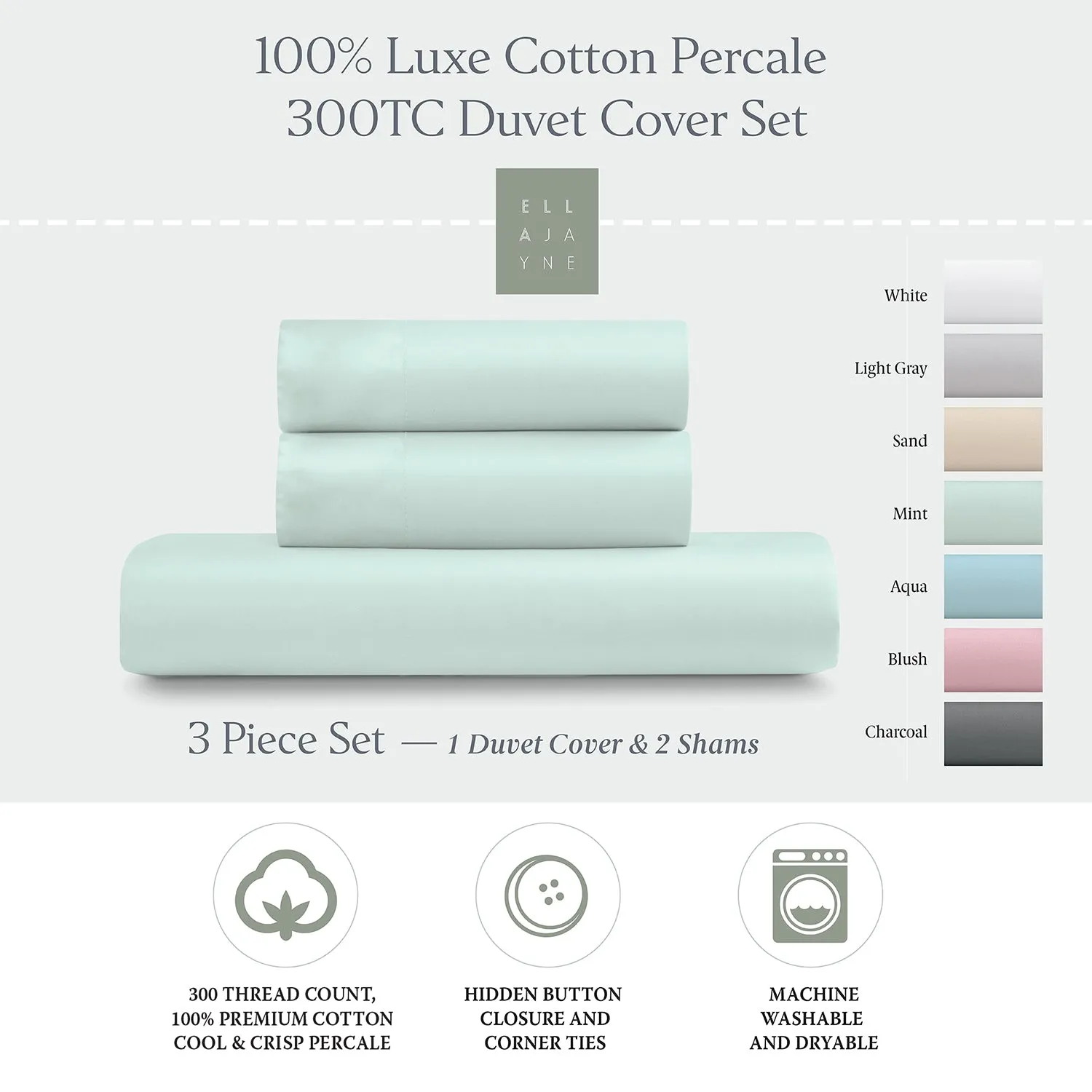 Premium 100% Cotton Duvet Cover Set, 3pc - Breathable, Crisp, and Cool