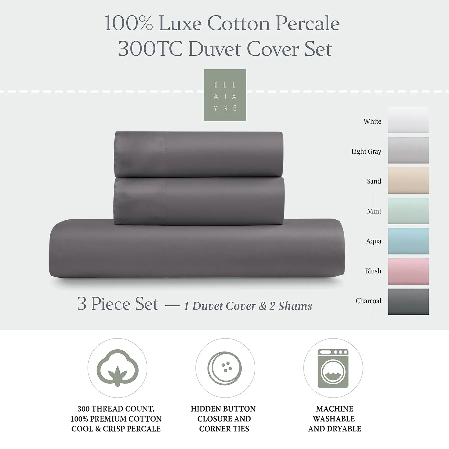 Premium 100% Cotton Duvet Cover Set, 3pc - Breathable, Crisp, and Cool