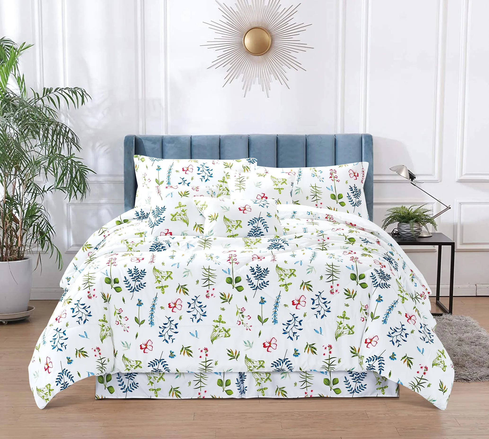 Printed Bedspreads Floral 7 Piece Comforter Set Bed Skirt Pillow Cases Decorative Cushion Covers Double, King and Super King (A02)