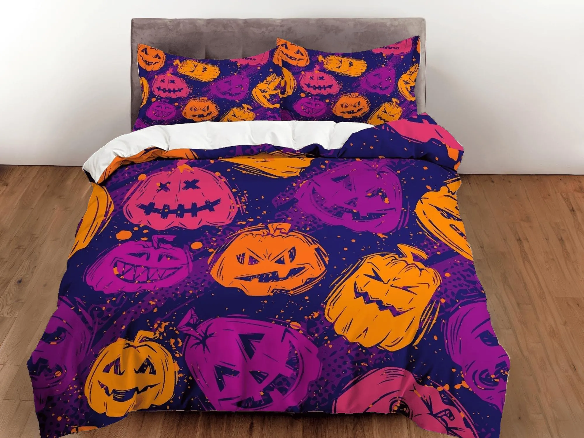 Pumpkin purple halloween bedding & pillowcase, gothic duvet cover, dorm bedding, goth decor toddler bedding, halloween gift