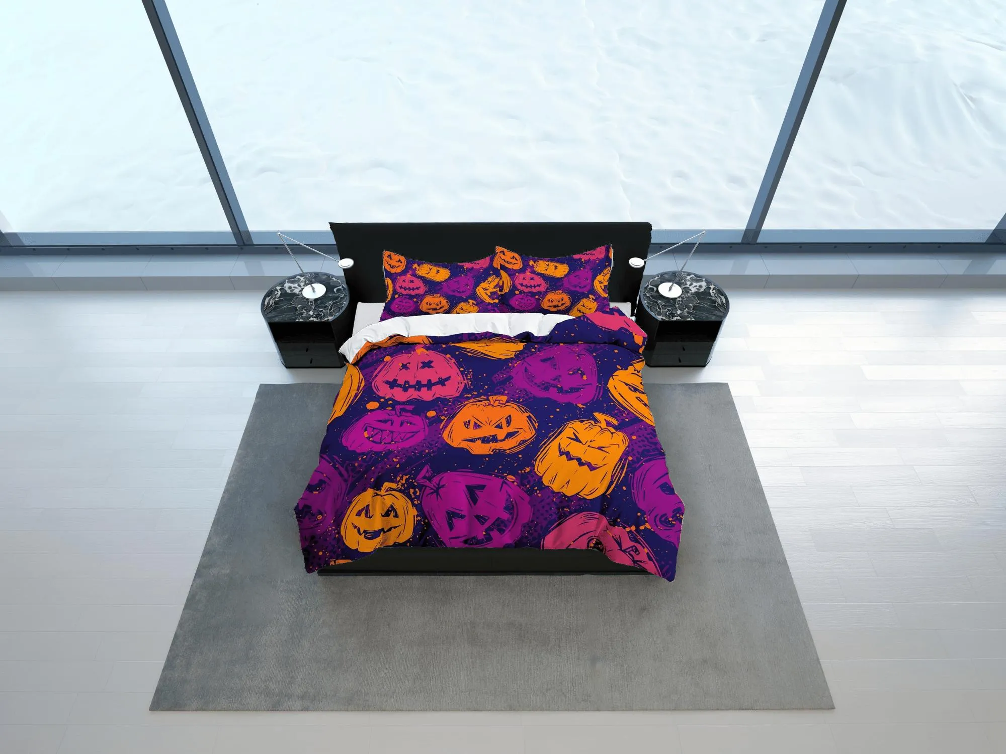 Pumpkin purple halloween bedding & pillowcase, gothic duvet cover, dorm bedding, goth decor toddler bedding, halloween gift