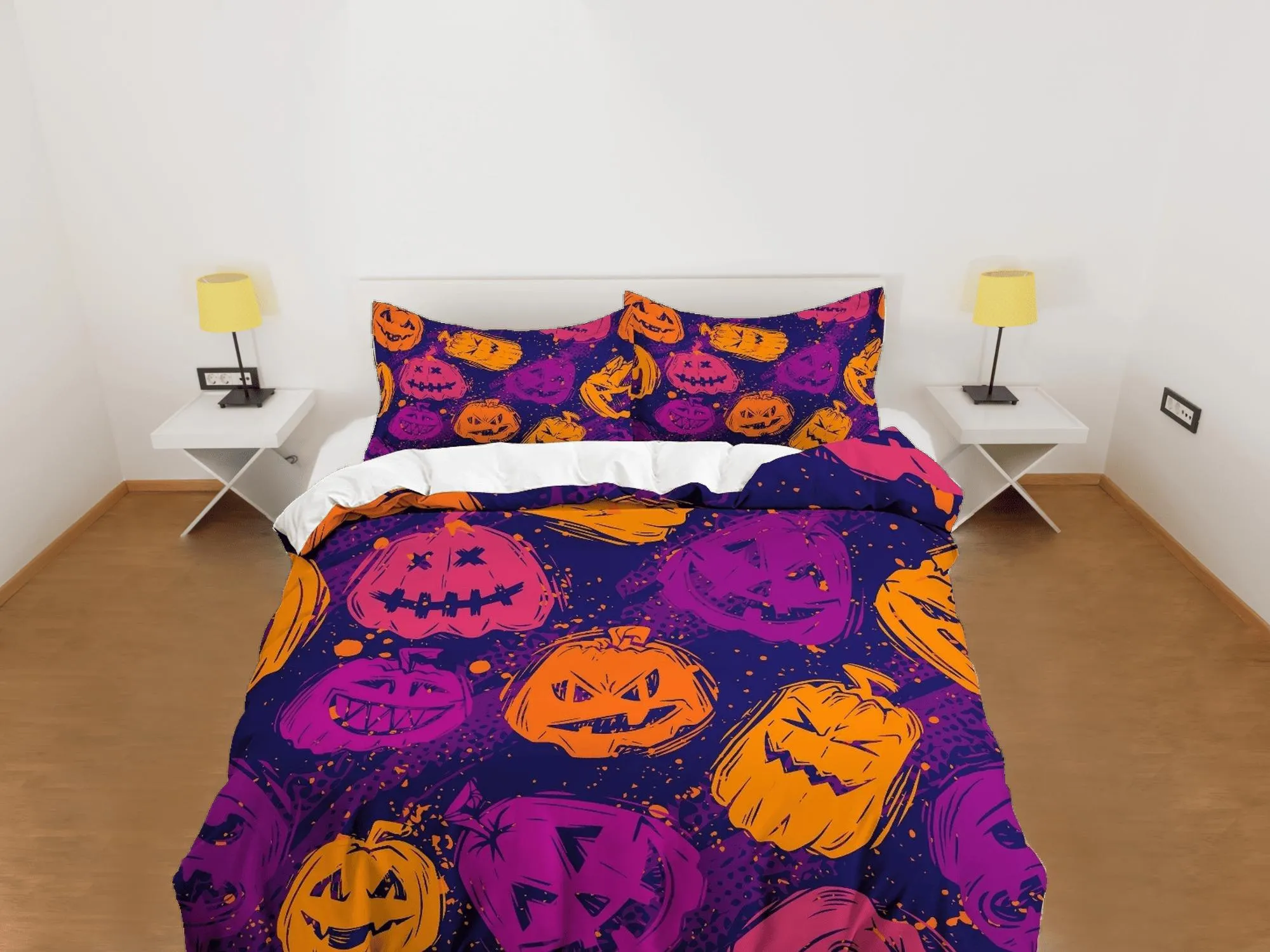 Pumpkin purple halloween bedding & pillowcase, gothic duvet cover, dorm bedding, goth decor toddler bedding, halloween gift