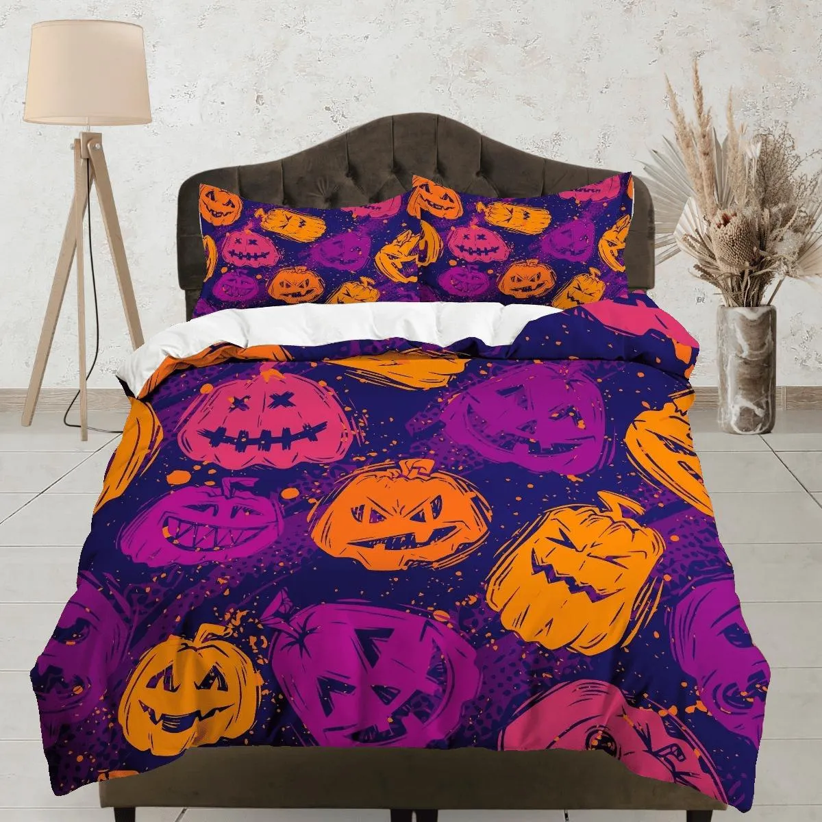 Pumpkin purple halloween bedding & pillowcase, gothic duvet cover, dorm bedding, goth decor toddler bedding, halloween gift