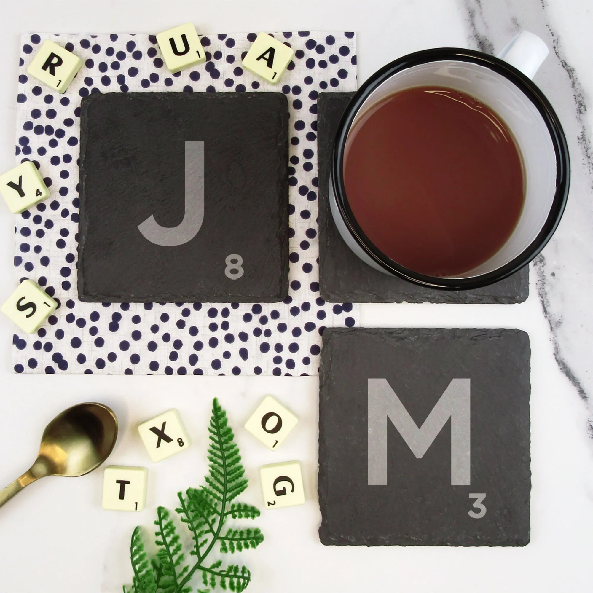 Set of 2 Slate Scrabble Letter Tile Alphabet Drinks Coasters