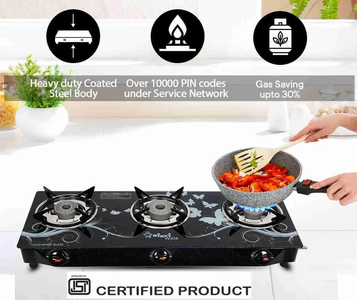 Sigri-wala Cute ISI Certified LPG Only 2Pc Set Glass Manual Gas Stove (3 Burners)