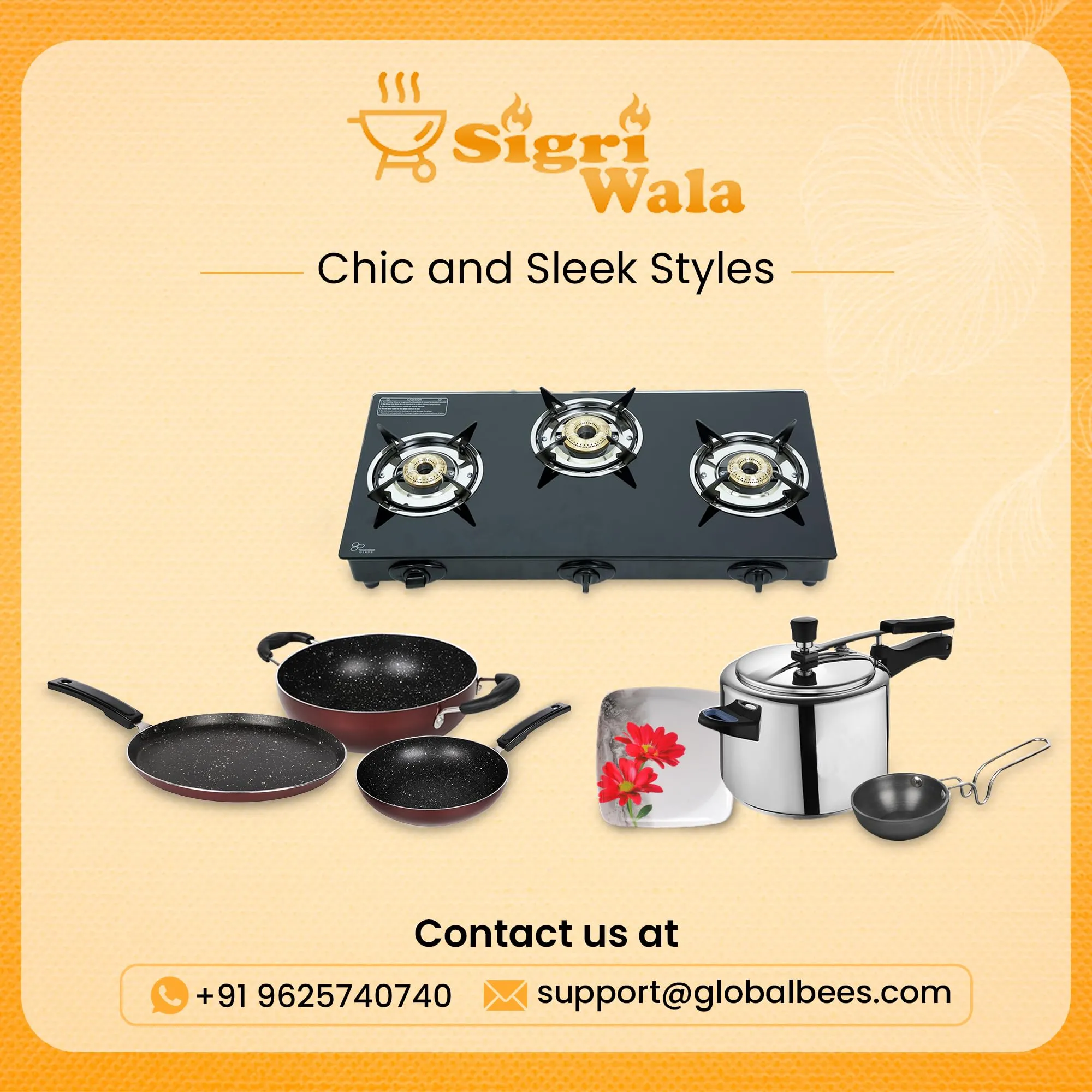 Sigri-wala Cute ISI Certified LPG Only 2Pc Set Glass Manual Gas Stove (3 Burners)