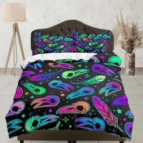 Skull of crow colorful halloween bedding & pillowcase, gothic duvet cover, dorm bedding halloween goth decor toddler bedding, halloween gift