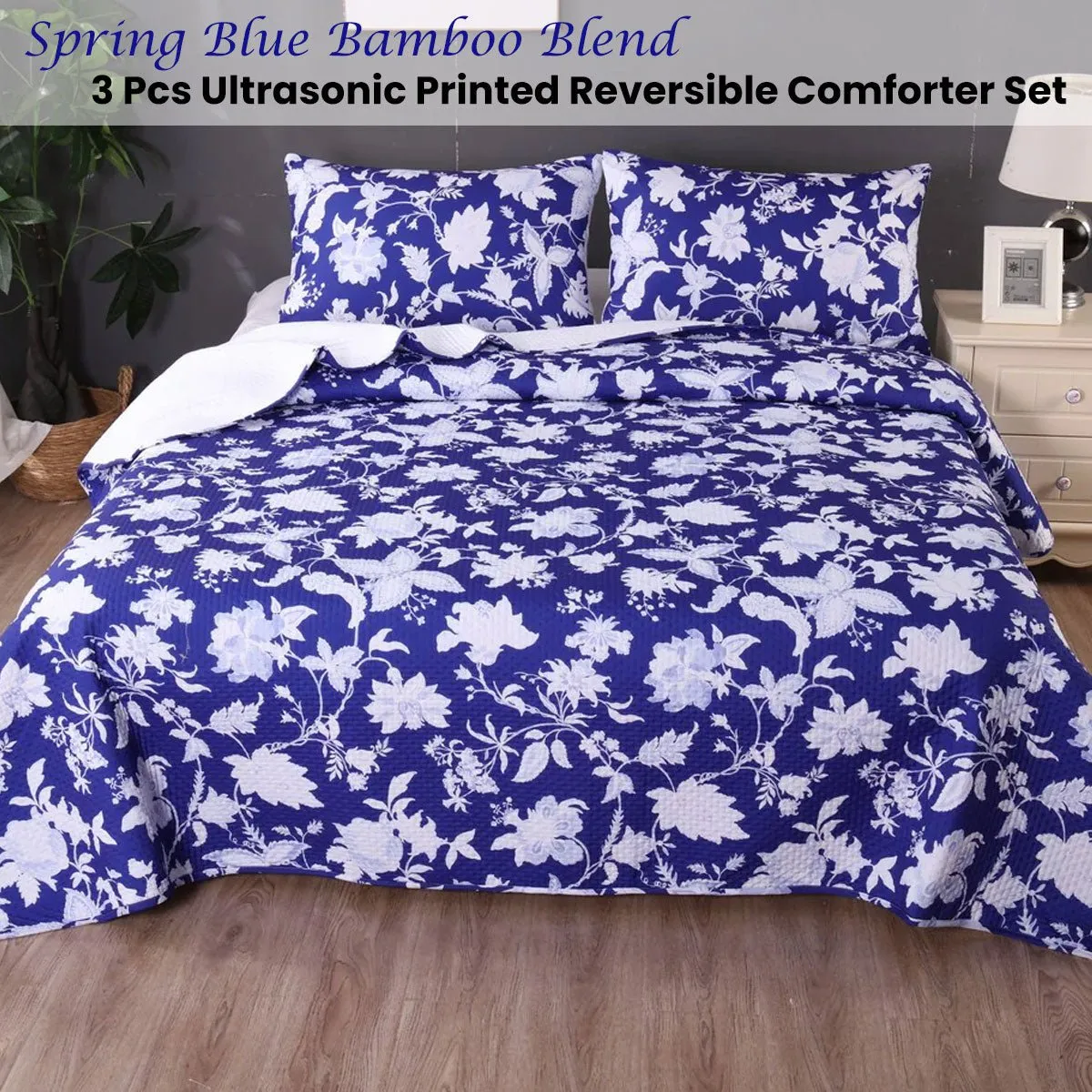 Spring Blue 3 Pcs Bamboo Blend Ultrosonic Reversible Comforter Set Queen