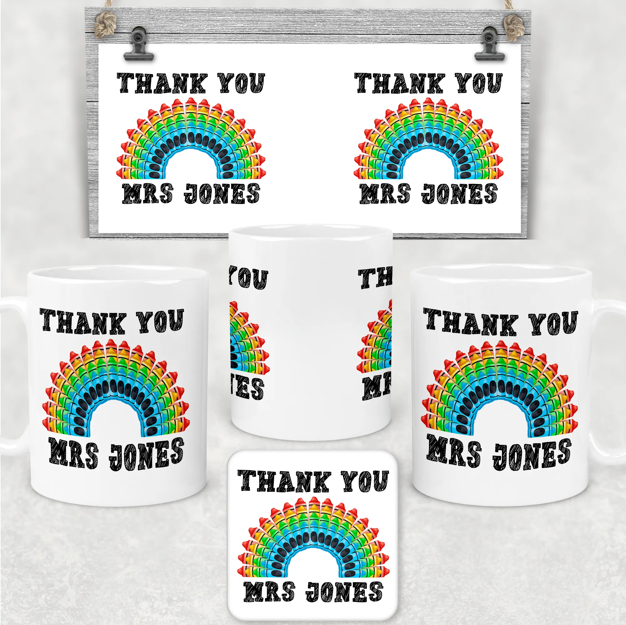 Teacher Crayon Rainbow Thank You Personalised Mug & Coaster