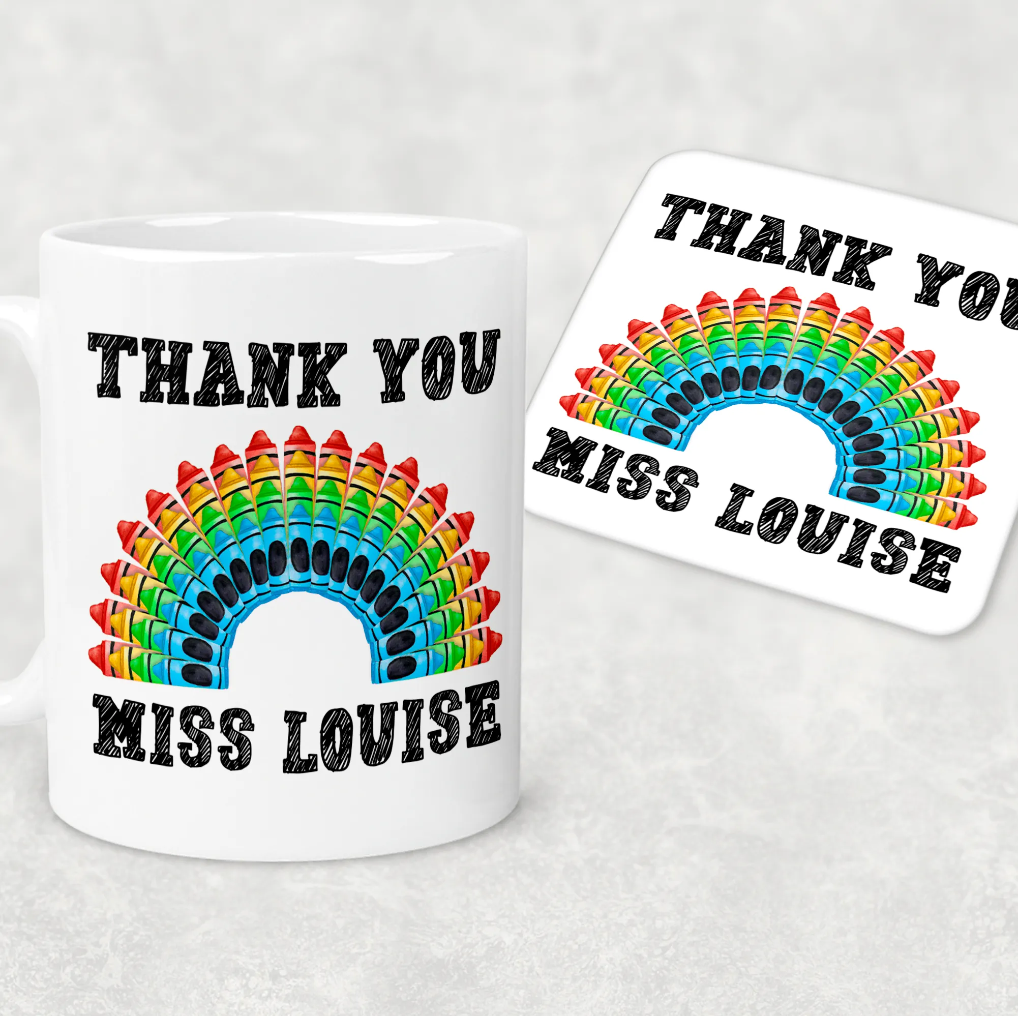 Teacher Crayon Rainbow Thank You Personalised Mug & Coaster