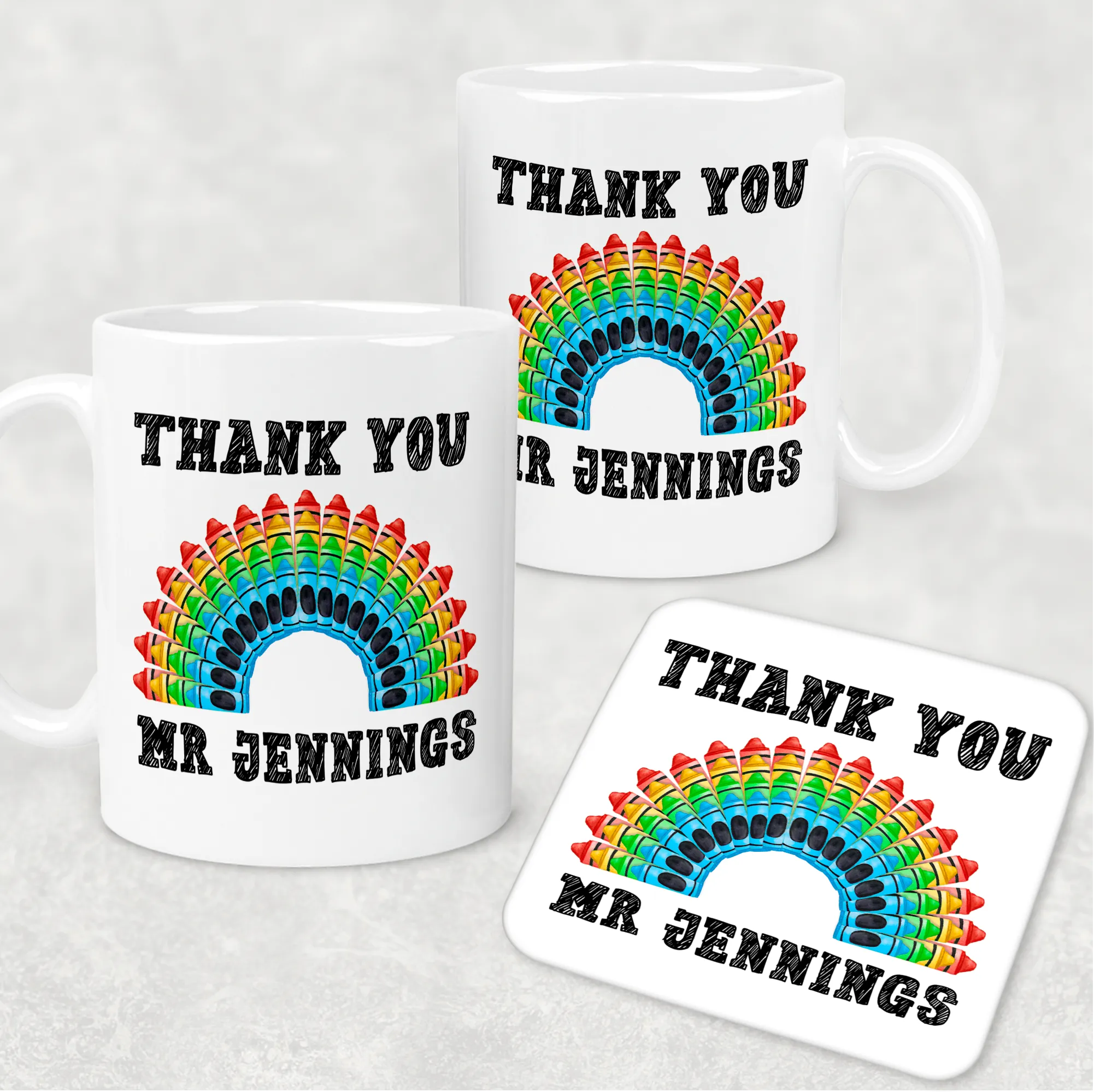 Teacher Crayon Rainbow Thank You Personalised Mug & Coaster