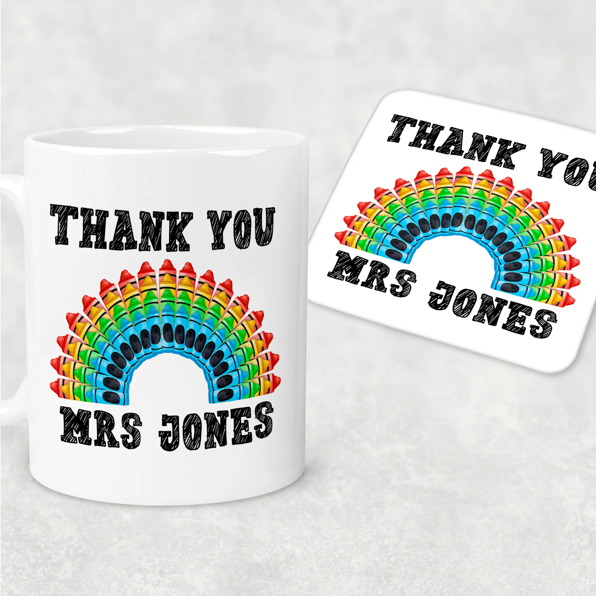 Teacher Crayon Rainbow Thank You Personalised Mug & Coaster