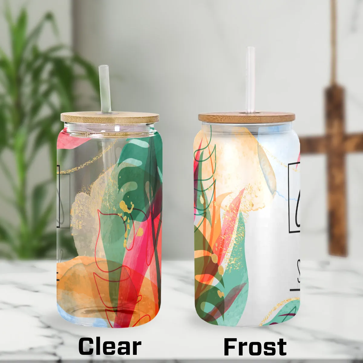 Teesdily | Jesus Abstract Art Gold Tropical Frosted Can, God Is Within Her She Will Not Fall Glass Can With Straw, Christian Gifts For Women Faith