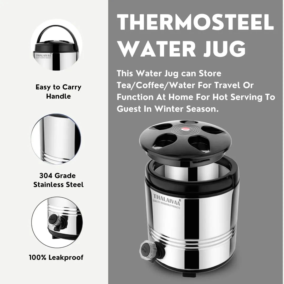 THALAIVAA Stainless Steel Hot and Cold Tea/Water Container for 5 Liters, Silver-Black I PUF Insulated Water Dispenser for Office Home Kitchen I Easy to Carry Handle I Leak Proof Tap I Durable & Safe