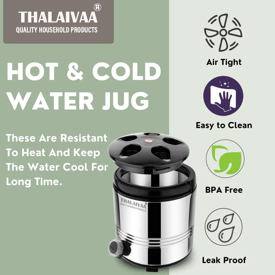 THALAIVAA Stainless Steel Hot and Cold Tea/Water Container for 5 Liters, Silver-Black I PUF Insulated Water Dispenser for Office Home Kitchen I Easy to Carry Handle I Leak Proof Tap I Durable & Safe