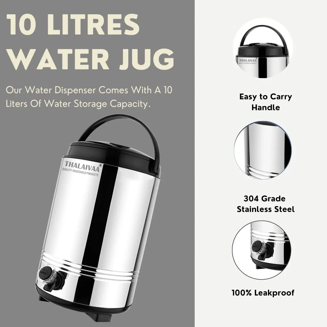 THALAIVAA Stainless Steel Insulated Water Jug 10 Liter I Hot and Cold Water Container with Leak Proof Tap I Highly Durable & 100% Food Safe Water Dispenser for Kitchen Office I Easy to Carry Handle