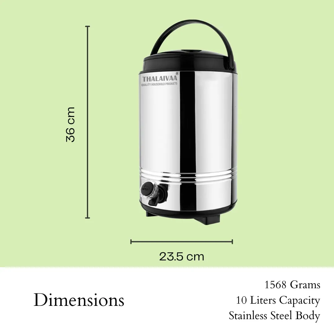 THALAIVAA Stainless Steel Insulated Water Jug 10 Liter I Hot and Cold Water Container with Leak Proof Tap I Highly Durable & 100% Food Safe Water Dispenser for Kitchen Office I Easy to Carry Handle