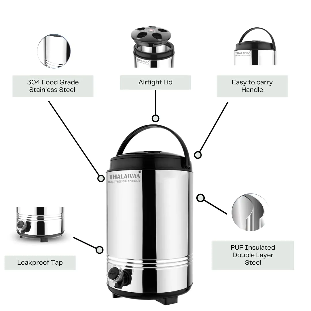 THALAIVAA Stainless Steel Insulated Water Jug 10 Liter I Hot and Cold Water Container with Leak Proof Tap I Highly Durable & 100% Food Safe Water Dispenser for Kitchen Office I Easy to Carry Handle