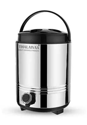 THALAIVAA Stainless Steel Water Jug and Containers with Easy to Carry Handle - PUF Insulated Hot and Cold Water/Tea Flask/Pot/Camper (8 Liters, Silver-Black) Highly Durable & Food Safe - BPA Free