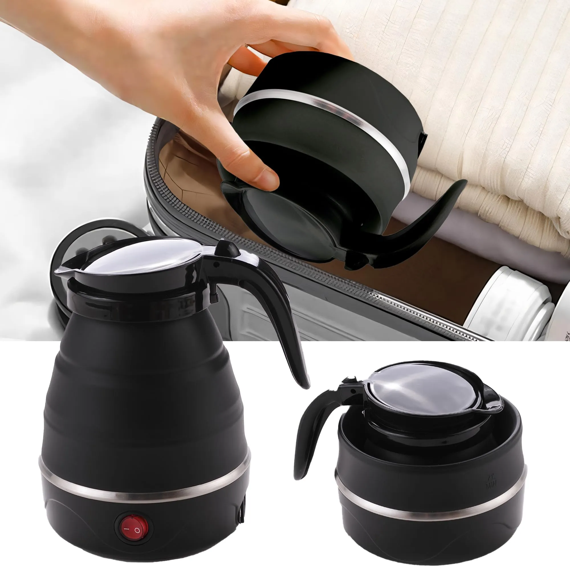 The Better Home FUMATO 600ml Portable Electric Kettle for Travel | Hot Water 600W | Multipurpose, Mini, Collapsible, Travel Kettle | Food Grade Silicone Body, Stainless Steel Base & Leak Proof (Black)