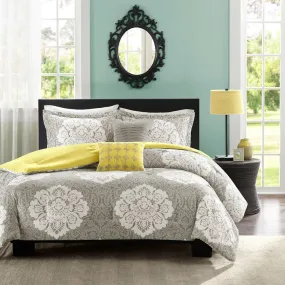 Twin - Twin XL Grey White Damask Comforter Set with Soft Yellow Accents