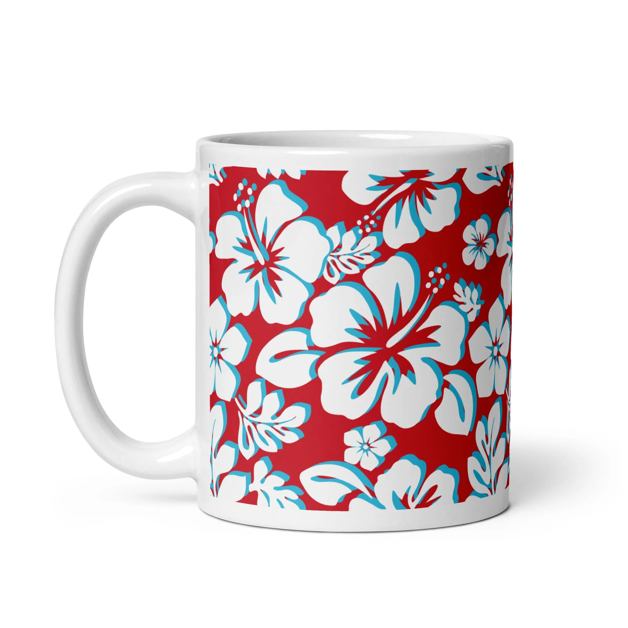 White and Aqua Blue Hawaiian Flowers on Red Coffee Mug